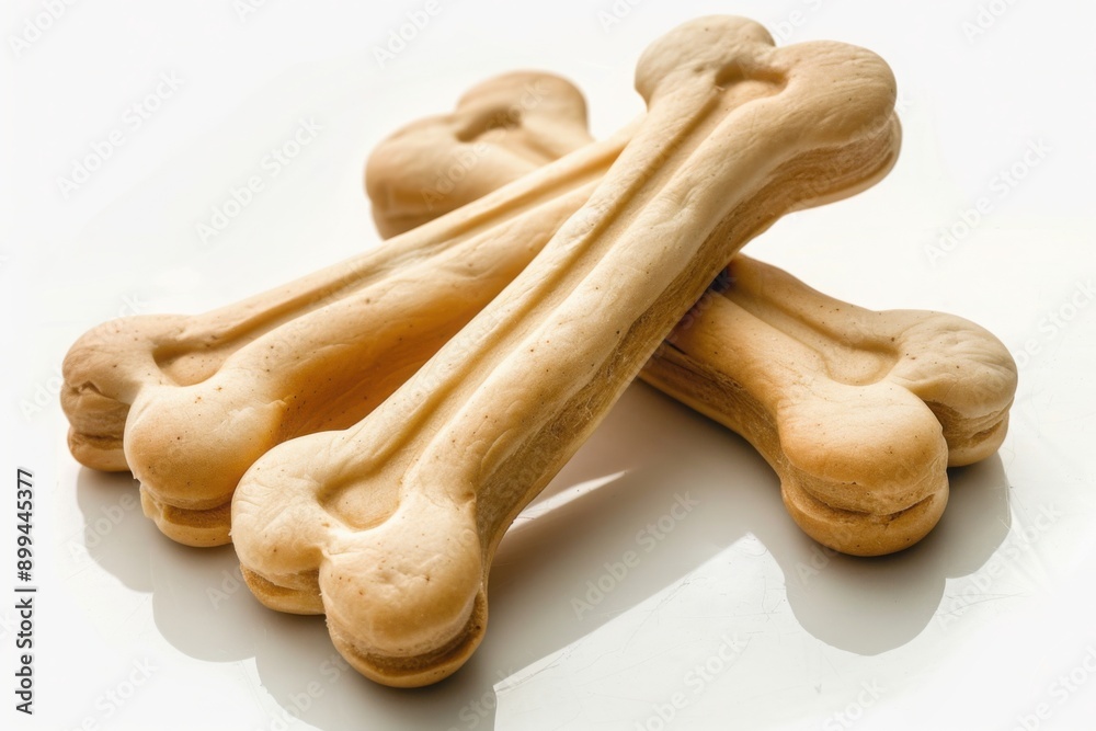 three dog bone shaped de pzels, product on white background three dog bone shaped de pzels, product on white background