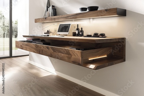 This modern home office showcases a minimalist wooden desk with stylish accessories and ample natural light streaming through large windows