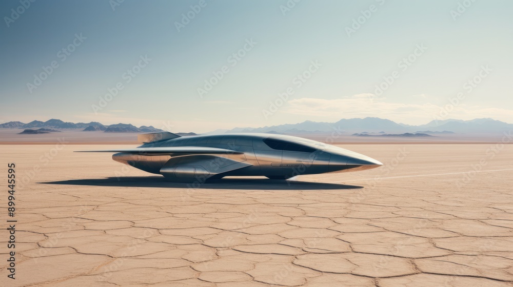 Fototapeta premium Photograph of a futuristic jet, its sleek, aerodynamic design gleaming under the harsh desert sun, casting long shadows across the barren landscape.