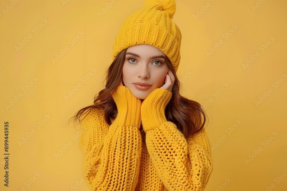 Young woman wearing warm yellow sweater and beanie smiling against bright yellow background. Generative AI Young woman wearing warm yellow sweater and beanie smiling against bright yellow background. Generative AI