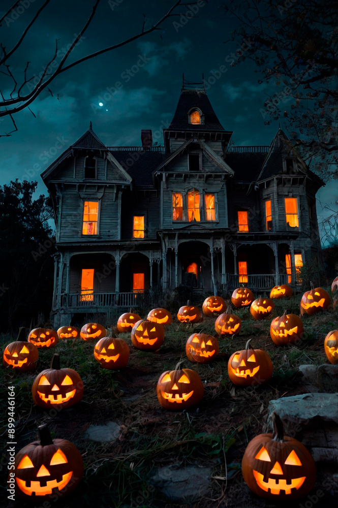 Halloween pumpkins in front of a haunted house at night. Halloween pumpkins in front of a haunted house at night.