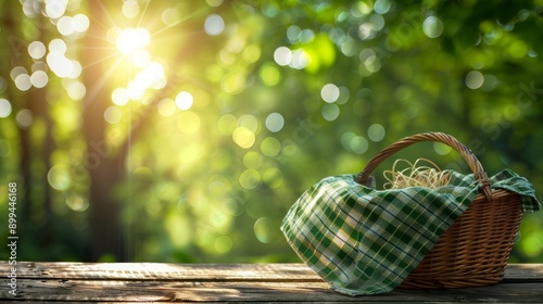 Empty basket with tablecloth on wooden table over green bokeh background. Spring and easter mock up for design. 