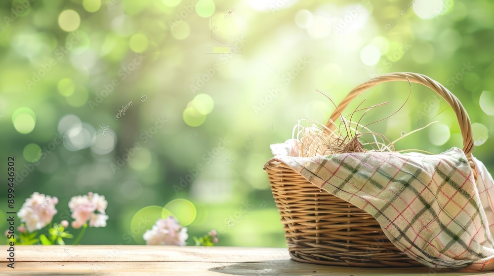 Empty basket with tablecloth on wooden table over green bokeh background. Spring and easter mock up for design. Empty basket with tablecloth on wooden table over green bokeh background. Spring and easter mock up for design.