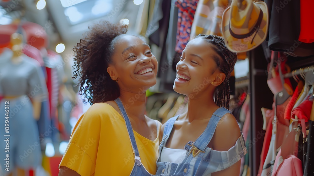 A mom and her teenage daughter enjoying a shopping spree, trying on clothes and laughing together. A mom and her teenage daughter enjoying a shopping spree, trying on clothes and laughing together.