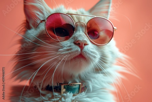 Cool Cat: Stylish Long-Haired Feline in Sunglasses with a Playful Pose, Poetcore Aesthetic, High-Quality Image on Pink Background photo