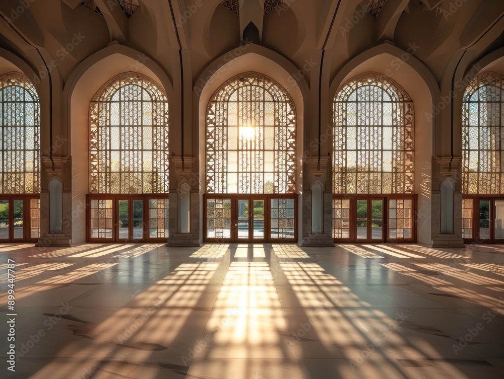 Ethereal Illumination in a Mosque: Tranquil Interior with Large Windows Captured with a 24mm Lens Ethereal Illumination in a Mosque: Tranquil Interior with Large Windows Captured with a 24mm Lens