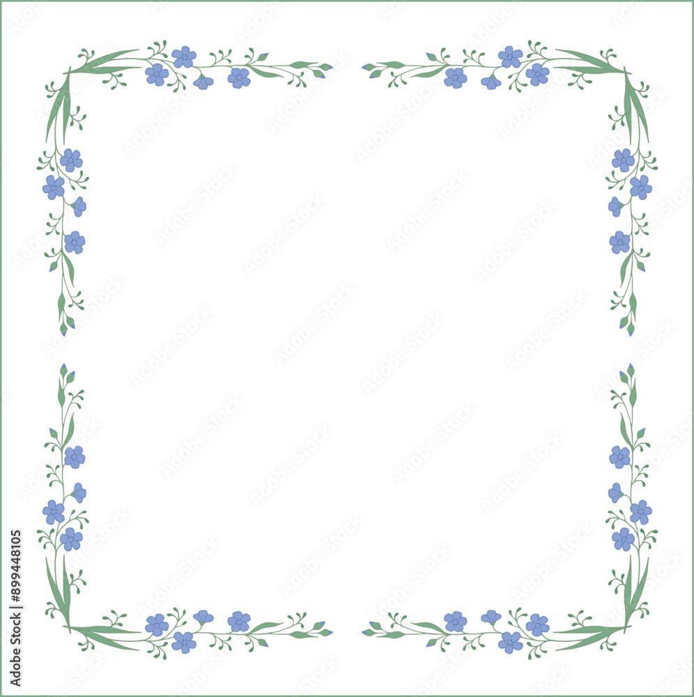 Elegant green and blue vegetal ornamental frame with blue flowers, decorative border, corners for greeting cards, banners, business cards, invitations, menus. Isolated vector illustration. Elegant green and blue vegetal ornamental frame with blue flowers, decorative border, corners for greeting cards, banners, business cards, invitations, menus. Isolated vector illustration.