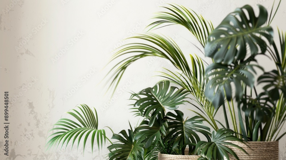 Fototapeta premium Serene Floating Minimal Live Plants and Palm Leaves on Light Neutral Background