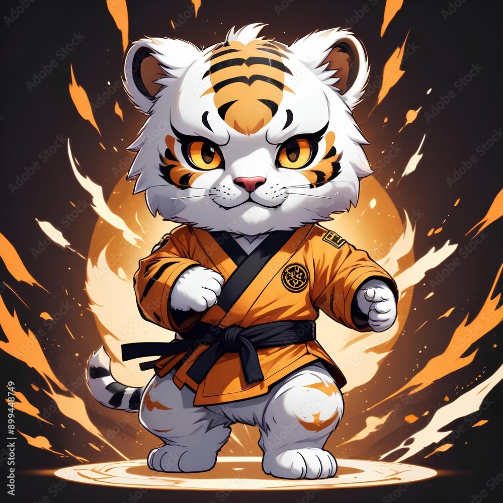 Adorable Tiger in Martial Arts Gi, Energetic Fiery Burst Adorable Tiger in Martial Arts Gi, Energetic Fiery Burst