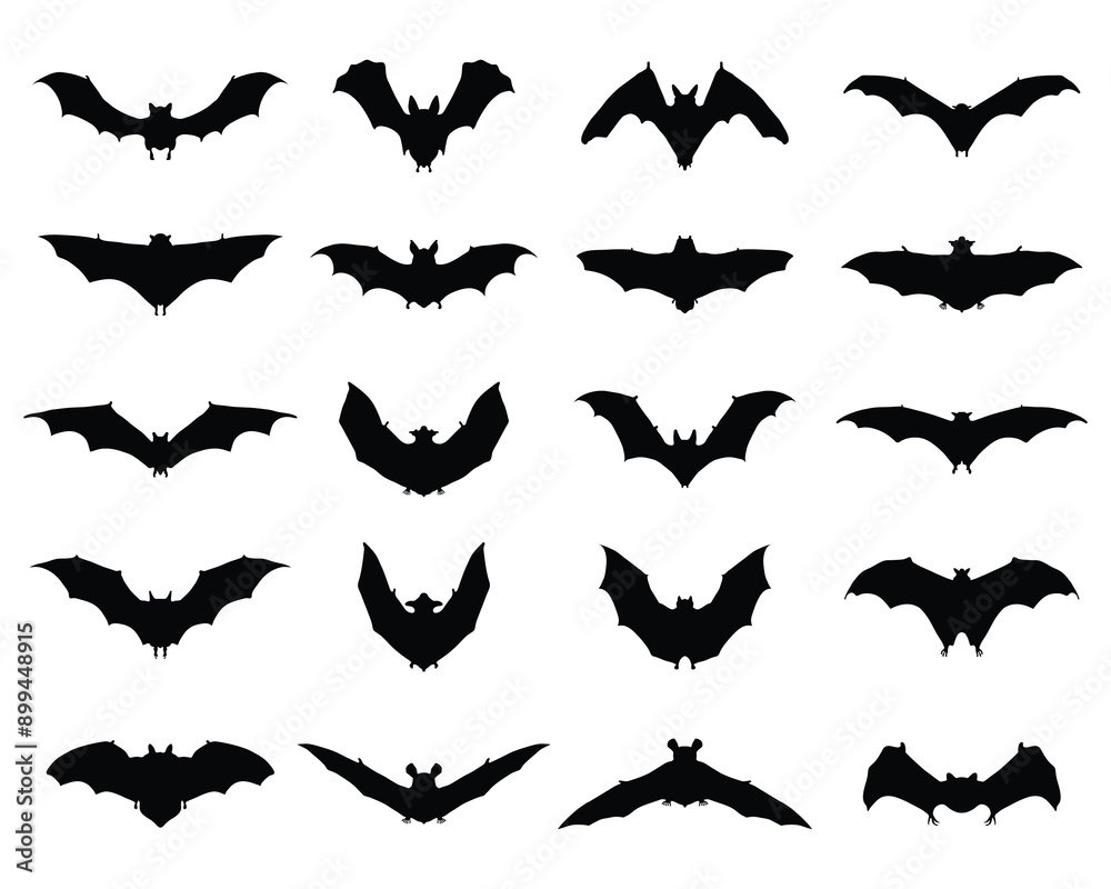 Naklejka premium Black silhouettes of different bats on a white background