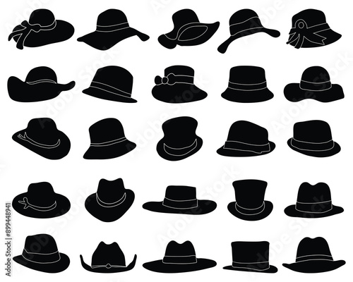 Silhouettes of male and female hats and caps on a white background