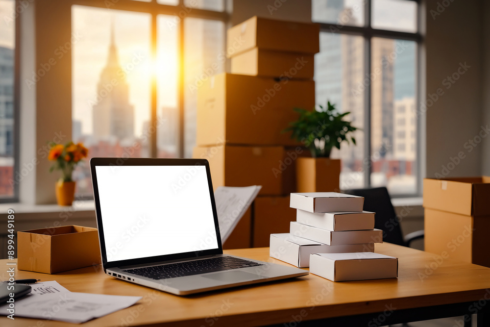 Laptop blank white screen on desk in shipping office building with stacks of shipping boxes , Retail delivery concept , AI Generated
Laptop blank white screen on desk in shipping office building with stacks of shipping boxes , Retail delivery concept , AI Generated