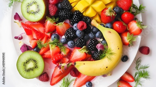 A colorful fruit platter with kiwi, banana, strawberries, mango, and blueberries.