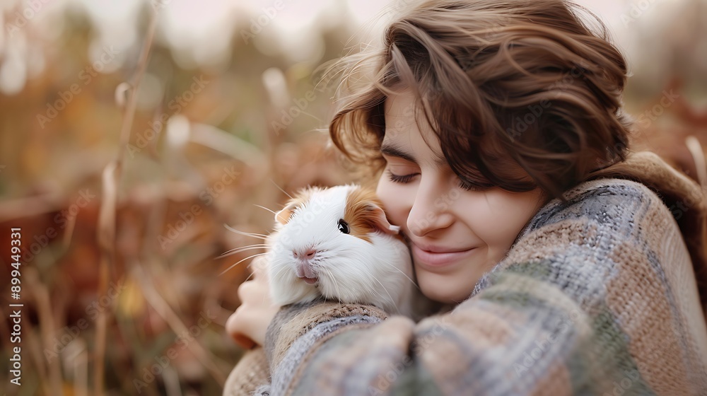 A person hugging their pet guinea pig, both looking very content. A person hugging their pet guinea pig, both looking very content.
