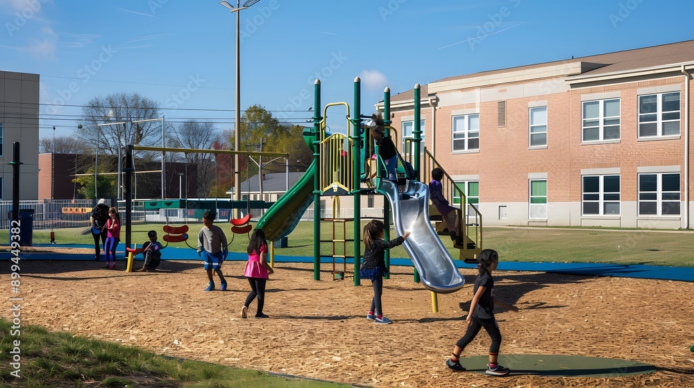 Children playing on a playground on a sunny day. Children playing on a playground on a sunny day.