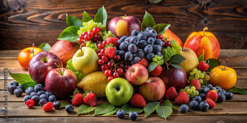 Vibrant arrangement of fresh seasonal fruits, including juicy apple, plump grapes, succulent berries, ripe pear, and luscious apricot, on a rustic wooden table.