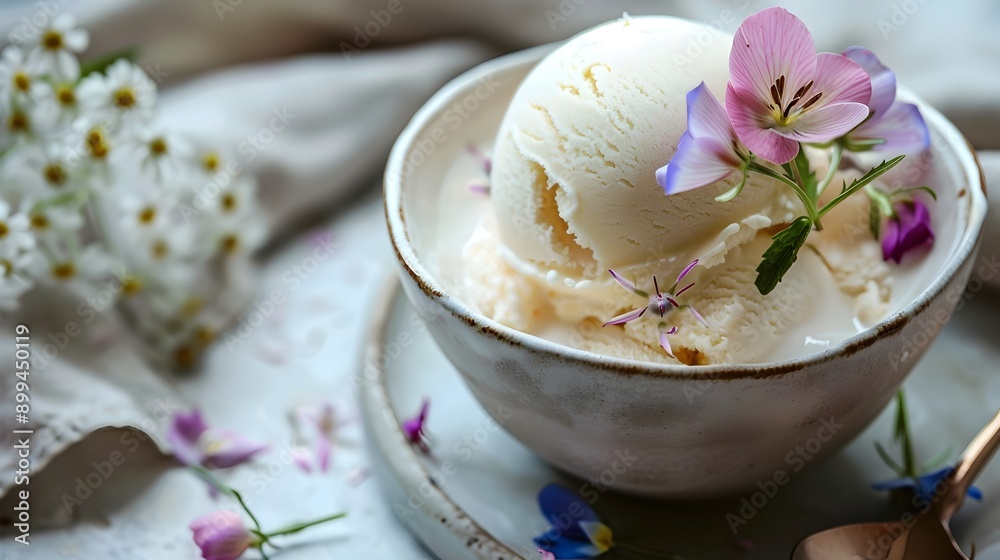 Artisanal Ice Cream in Minimalist Ceramic Bowl with Edible Flowers and Vintage Inspired Aesthetic Artisanal Ice Cream in Minimalist Ceramic Bowl with Edible Flowers and Vintage Inspired Aesthetic