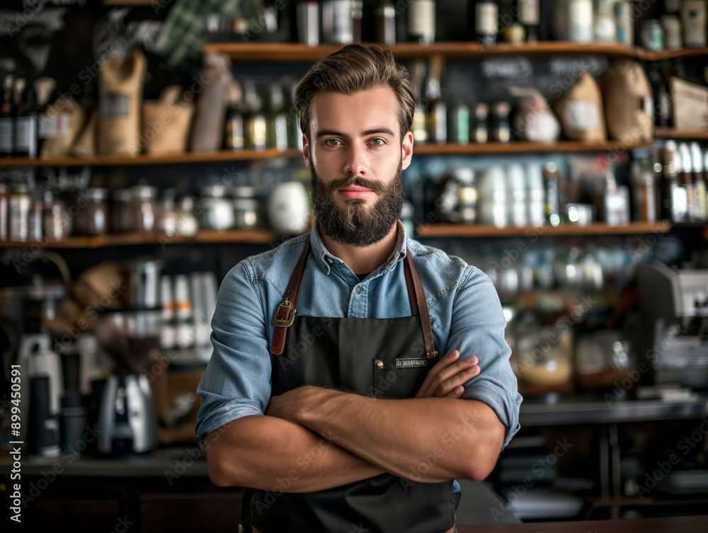 Young bearded Caucasian man in apron, standing confidently with arms crossed in a well-stocked café Young bearded Caucasian man in apron, standing confidently with arms crossed in a well-stocked café