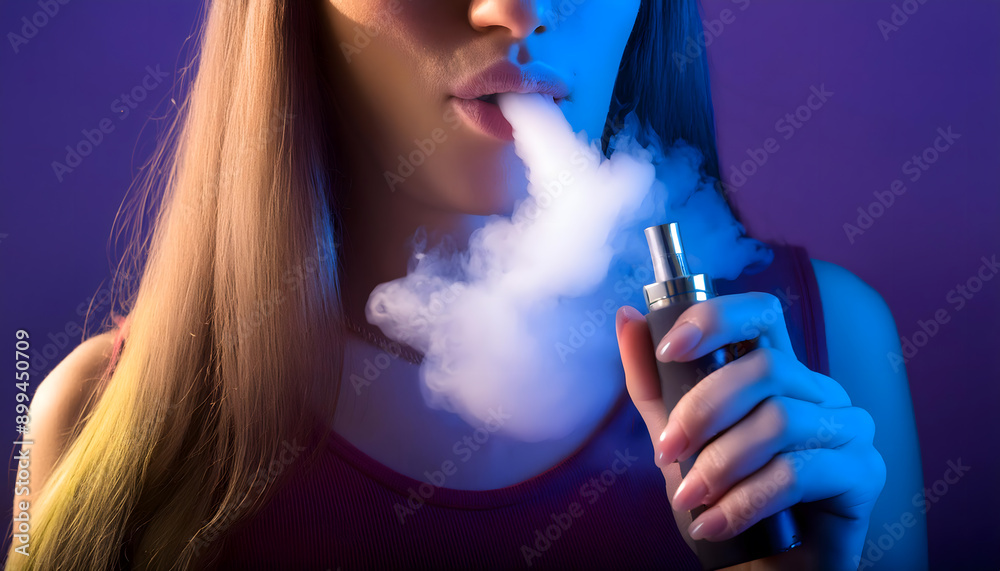 Fototapeta premium Woman vaping in front of a neon background.
