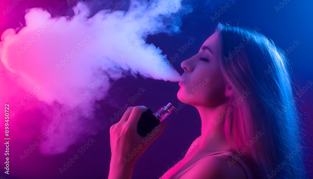 Naklejka premium Woman vaping in front of a neon background.