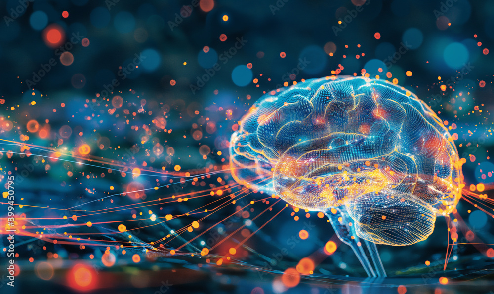 Digital illustration of a human brain with glowing colorful neural connections and bokeh lights on a dark background Digital illustration of a human brain with glowing colorful neural connections and bokeh lights on a dark background