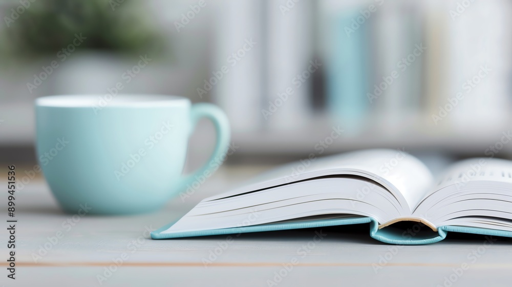 Fototapeta premium A peaceful scene featuring an open book and a light blue mug, ideal for cozy reading moments and serene study environments.