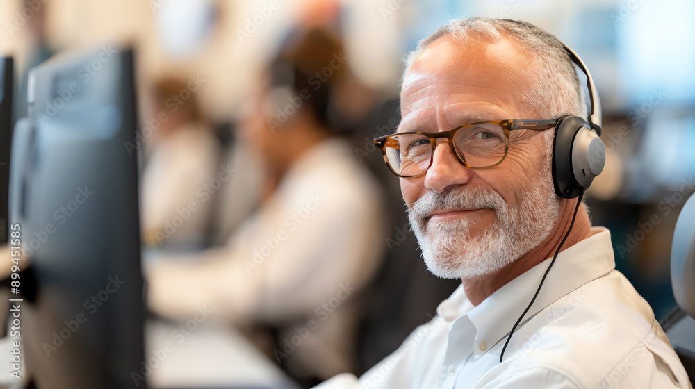 Friendly senior man in headset at work, providing customer support. Professional atmosphere in a modern office setting.