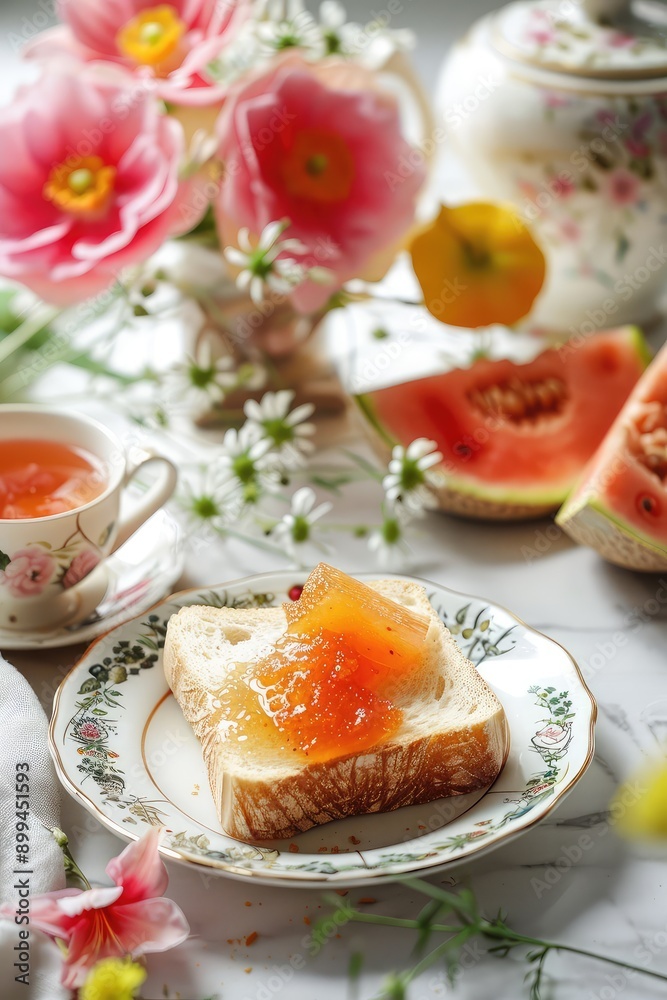 Jam and bread on the table. Selective focus. Jam and bread on the table. Selective focus.