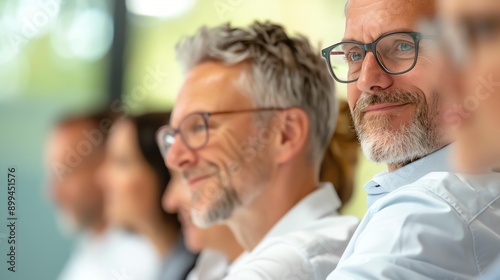 Business professionals engaged in a meeting, showcasing collaboration and focus in a modern office environment.