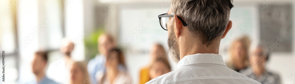 A professional man presenting in front of a captivated audience, demonstrating leadership and effective communication skills.
