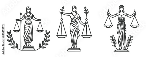 Lady Justice holding scales, standing on a pedestal with laurel branches line art illustration ,generative ai