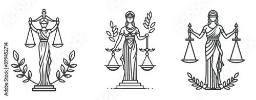 Lady Justice holding scales, standing on a pedestal with laurel branches line art illustration ,generative ai
