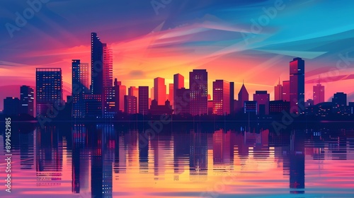 City Skyline at Sunset with Reflection in Water