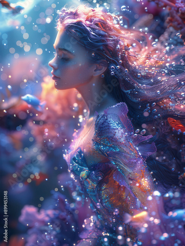 Enchanting Underwater Scene with a Beautiful Woman Surrounded by Colorful Fish and Coral Reefs, Perfect for Fantasy and Nature-Themed Photography