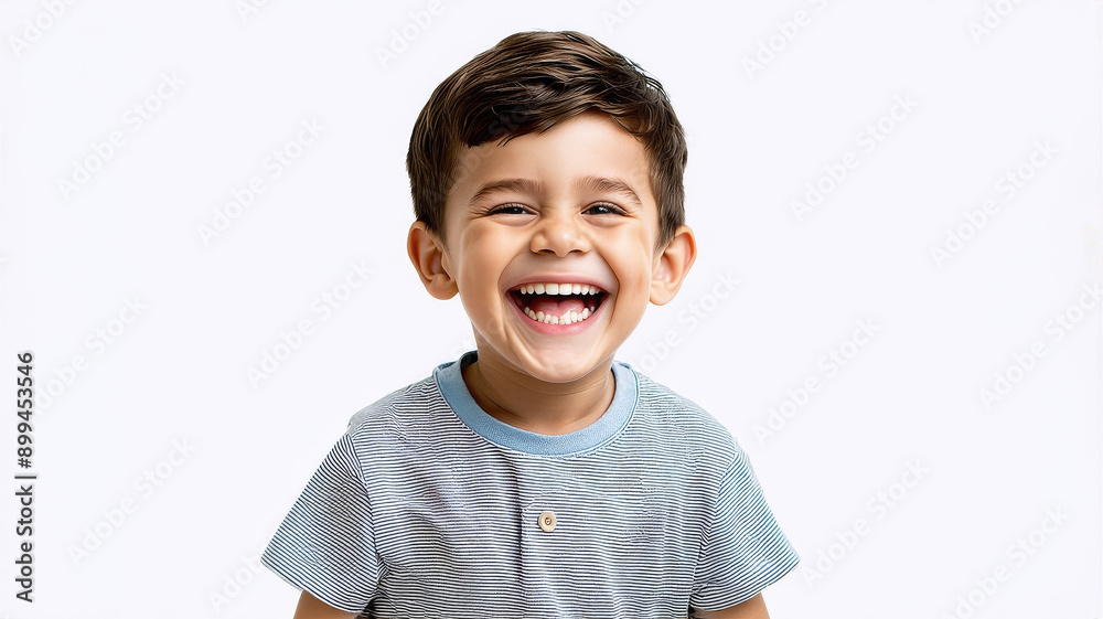 Happy Smiling Child in Striped Shirt - Joyful Portrait of Cute Boy with Bright Smile on White Background Happy Smiling Child in Striped Shirt - Joyful Portrait of Cute Boy with Bright Smile on White Background