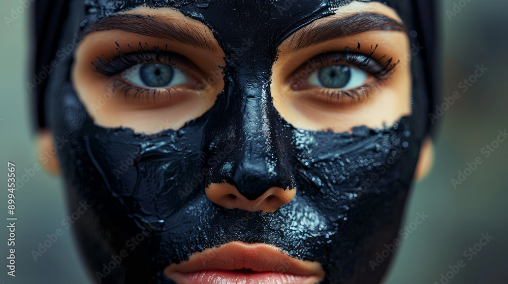 Woman with black facial mask looking at camera close-up portrait skincare and beauty