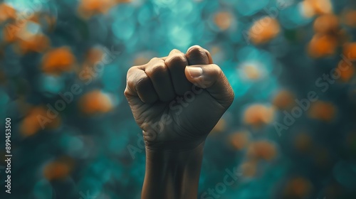 A powerful image of a person of color raising their fist in defiance and strength.