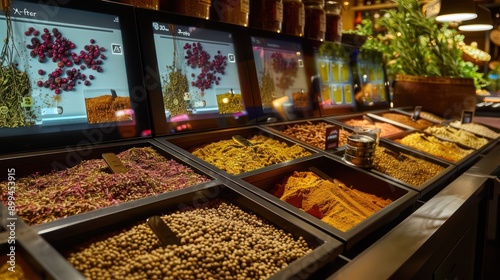 high-tech spice shop with digital aroma sampling and flavor pairing recommendations on interactive screens photo