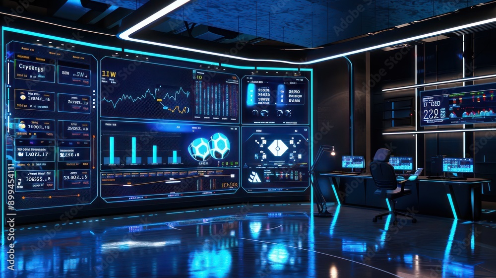 high-tech sports analysis studio with live game data and player performance metrics on a large interactive board high-tech sports analysis studio with live game data and player performance metrics on a large interactive board