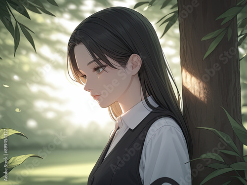 Young Woman Leaning Against a Tree in Sunlight.