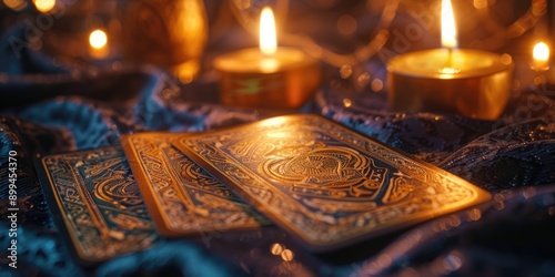 Mystical Tarot Cards on Velvet Cloth with Flickering Candles - Divination and Fortune Telling Concept