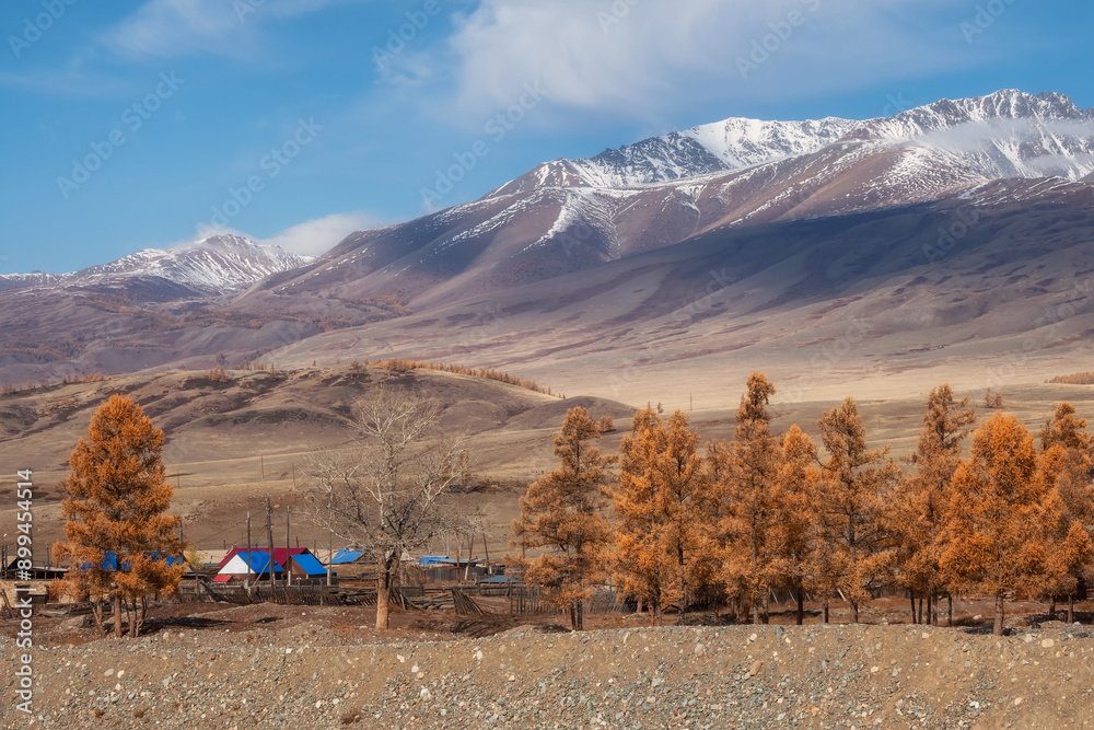 Φωτογραφία village in autumn, against the background of a snow-covered mountain
