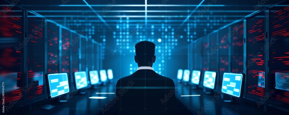 A silhouette of a figure in a tech environment, surrounded by glowing screens and digital codes, conveying digital innovation. A silhouette of a figure in a tech environment, surrounded by glowing screens and digital codes, conveying digital innovation.