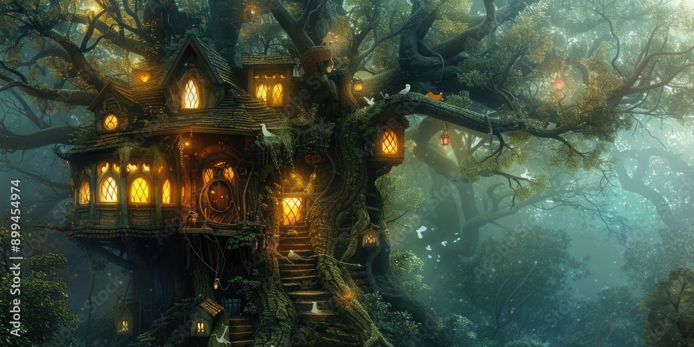 Fototapeta premium Enchanted Treehouse Wonderland - Whimsical Fantasy Scene with Glowing Windows and Magical Creatures Fluttering Around