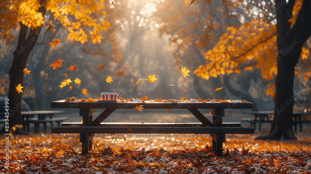 Autumn Picnic Table in a Forest Park Covered with Colorful Leaves at Sunrise, Perfect for Fall and Nature-Themed Photography Autumn Picnic Table in a Forest Park Covered with Colorful Leaves at Sunrise, Perfect for Fall and Nature-Themed Photography