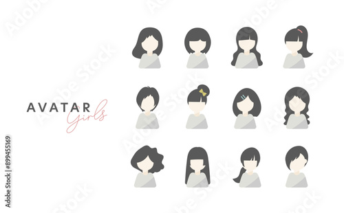 黒髪女性のアイコン素材セット(フラットデザイン)