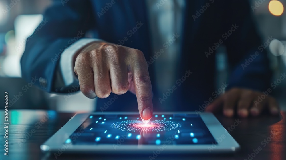 Businessman accessing secure data with fingerprint recognition on a tablet Businessman accessing secure data with fingerprint recognition on a tablet