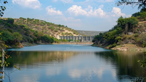 Breathtaking Scenery at the Dam's Edge with Reflective Waters and Lush Hills © Li