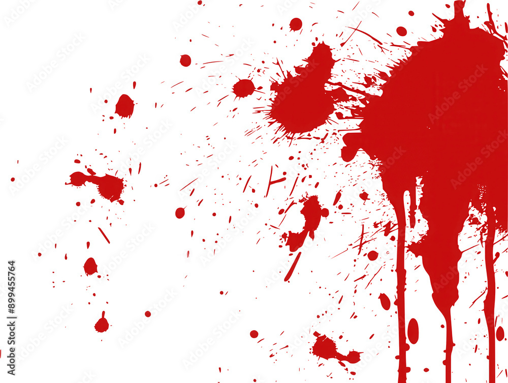 Abstract composition with red paint splatters on a green background.