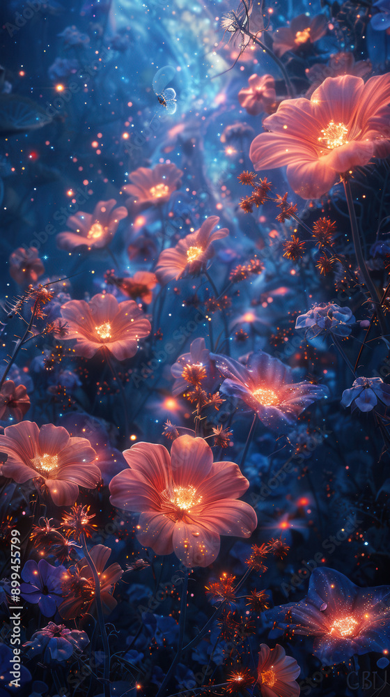 Fototapeta premium Whimsical Fantasy Garden with Glowing Flowers and Magical Atmosphere, Perfect for Fantasy and Dream-Themed Photography. Phone theme, phone wallpaper, backgrounds